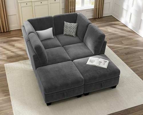 CHIC HOUSE Corduroy Modular Sectional Couch with Ottoman Chaise, L/U Shaped Sleeper Sofa for Living Room, Apartment, Lounge, Modern Armrest Neck Support Furniture (6 Seater Sleeper, Dark Grey)