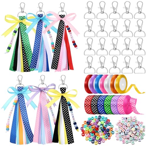 Zeyune 233 Pcs DIY Bead Keychain Making Kits Bag Charm Beads Kit Ribbon Bow Letter Alphabet Keychain Chain Jewelry Accessories for Christmas Gifts Crafting and Jewelry Making Party Favor