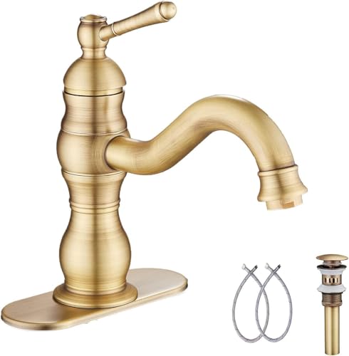 GGStudy 360° Swivel Antique Brass Bathroom Vessel Sink Faucet Single Handle One Hole Matching with Pop Up Drain