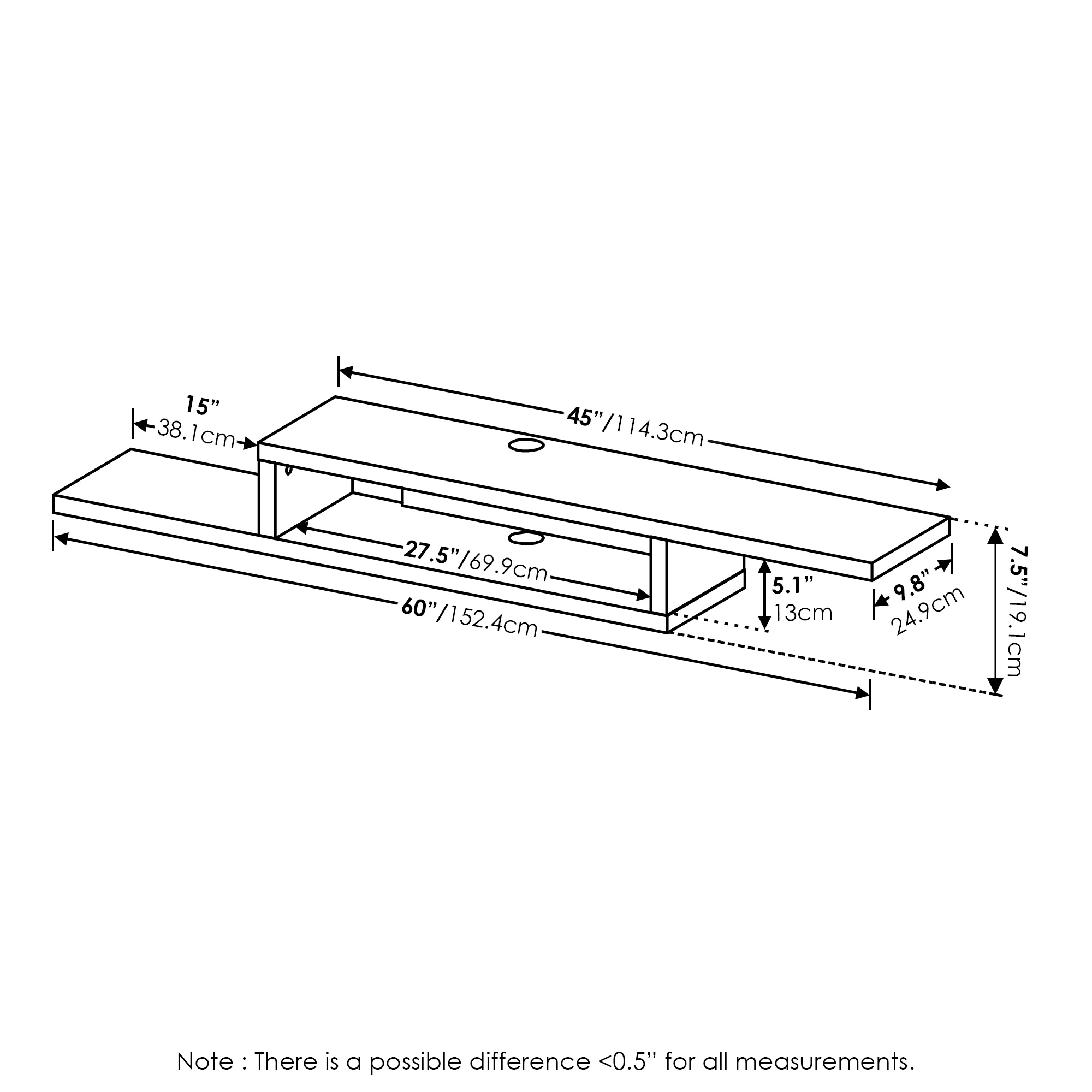 Furinno Indo Wall Mounted Floating Media Console, 60 inch, Columbia Walnut