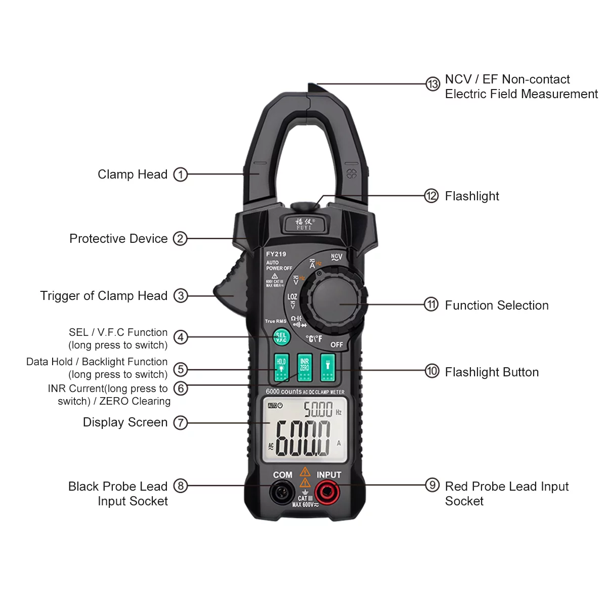 FUYI AC DC Inrush Current Clamp Meter 6000 Count Automatic Clamp Multimeter Testing Multifunctional Dual Display True RMS AC DC Surge Current Clamp Ammeter Clamp Gauge Black FY219