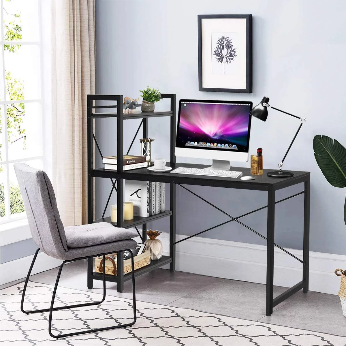 HOOMHIBIU Computer Desk with 4-Tier Bookshelves Writing Study Table Workstation with Tower  Shelves for Home Office