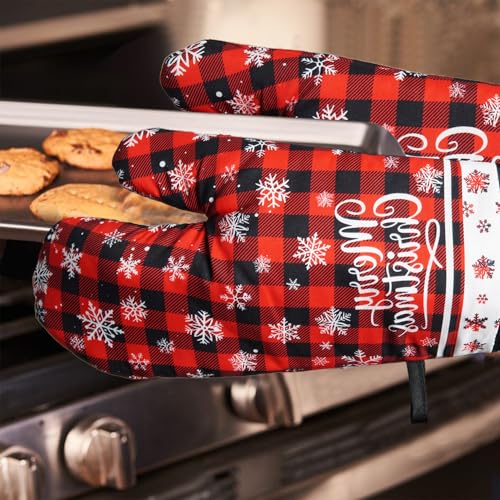 Christmas Oven Mitts and Pot Holders Sets of 2 Snowman Santa Claus Heat Resistant Oven Mitts and Hot Pads for Kitchen，Soft Cooking Oven Gloves and Grill Baking BBQ Essentials and Accessories