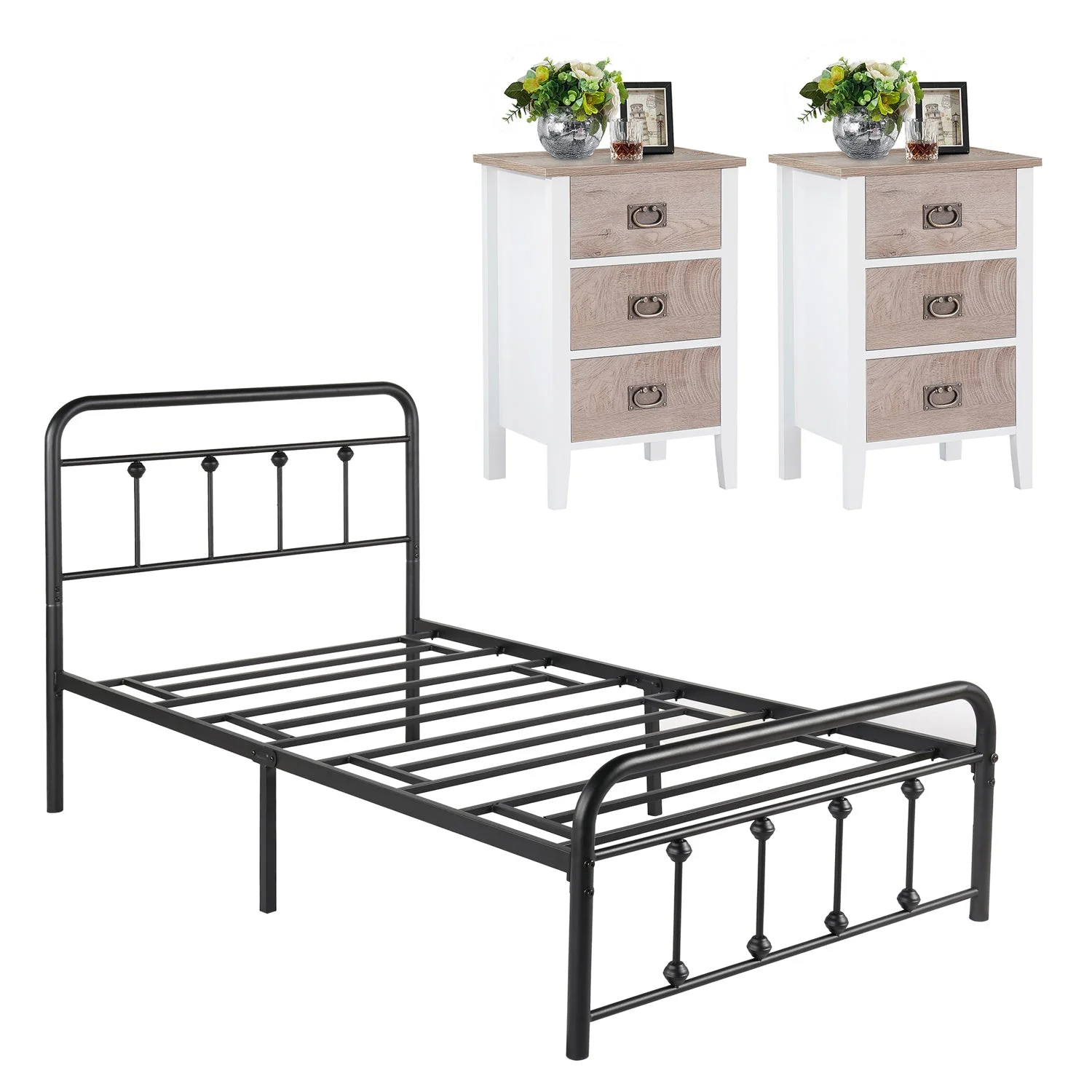VECELO 3-Piece Bedroom Set with Metal Bed Frame and 2 Nightstand