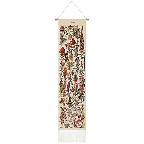 Tegeme Vintage Tapestry 52 x 13 Inch, Long Tapestry Vertical Wall Hanging Reference Illustrative Botanical Tapestry Tassel Tapestry for Bedroom Living Room Home Decoration (Vintage, Flower)