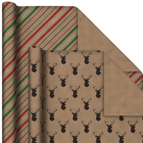 Hallmark Christmas Wrapping Paper Bundle with Cut Lines on Reverse, Kraft (Pack of 4, 88 sq. ft. ttl) Red Trucks, Snowflakes, Stripes, Merry Christmas (5JXW1038)