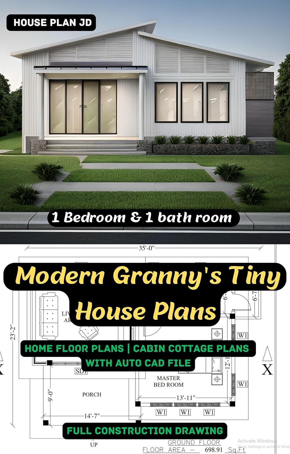 1 Bedroom & 1 bath room Modern Granny's Tiny House Plans | Home Floor Plans | Cabin Cottage plans with AUTO CAD File: Full Construction Drawing