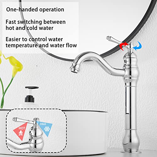 GGStudy 360° Swivel Antique Brass Bathroom Vessel Sink Faucet Single Handle One Hole Matching with Pop Up Drain