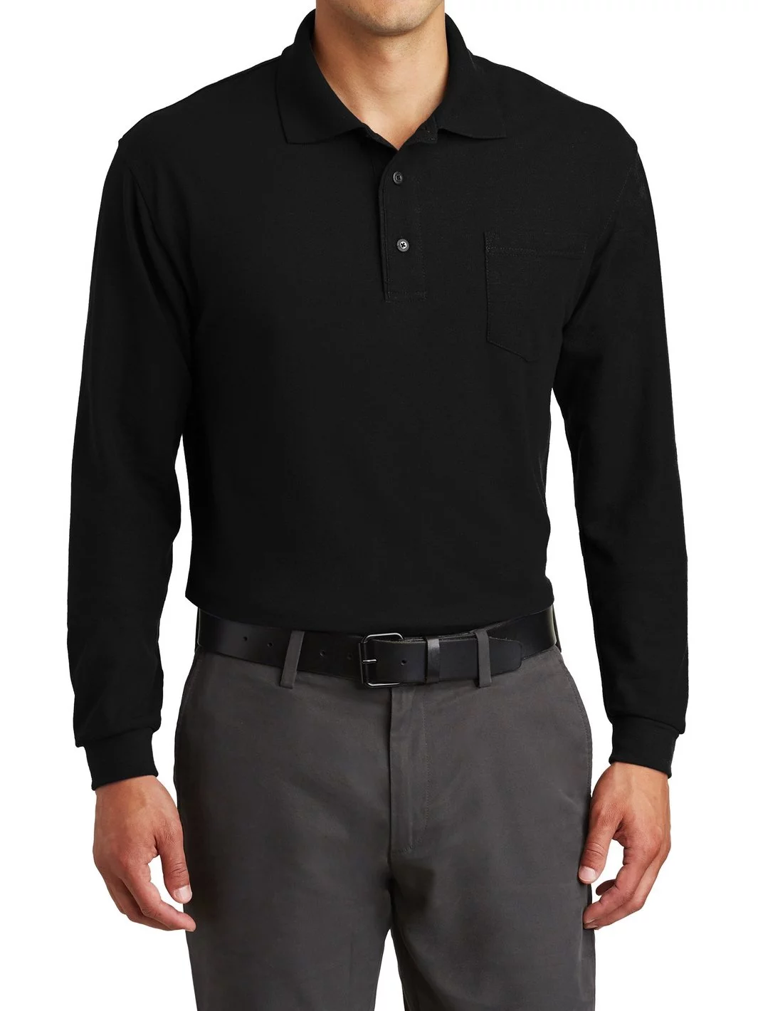 Mafoose Men's Long Sleeve Silk Touch Polo with Pocket Black Large