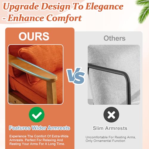 VINGLI Solid Wood Wide Armrests Accent Chair,Upholstered Mid Century Modern Chair with Pillow,Comfy Reading Chair Farmhouse Arm Chair,Chairs Living Room,Bedroom,Guest Room,Linen Fabric,Beige