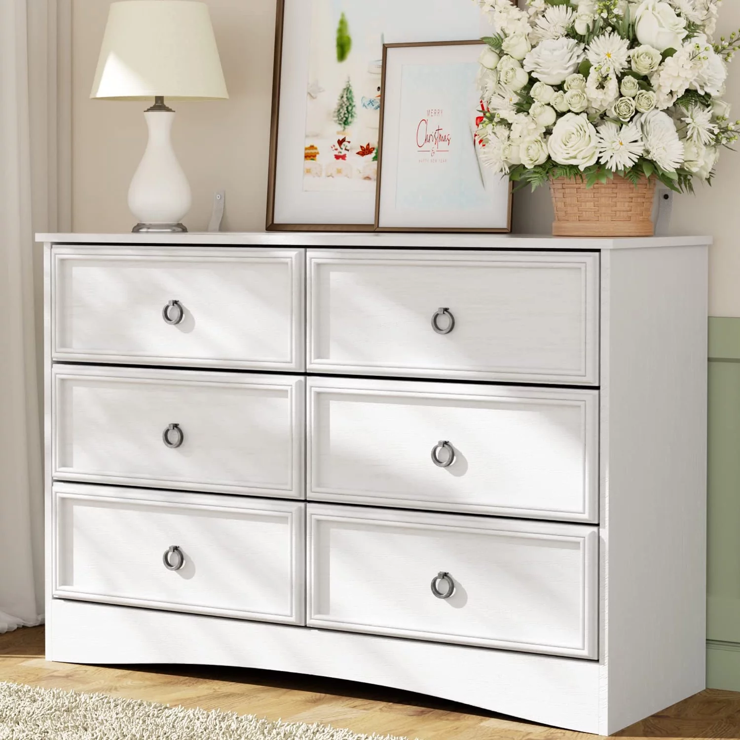 Duerer 6 Drawer White Double Dresser, Wood Horizontal Cabinet Dresser Chest of Drawers for Bedroom, Living Room