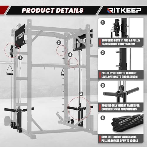 Smith Machine with Jammer Arms & Leg Press with Adjustable Dual Pulley Ratio (1:1 & 2:1), PMAX-4750 All-in-One Commercial & Home Gym Equipment, Heavy-Duty Steel Frame by RitKeep