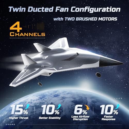 DEERC RC Plane 4 Channels Remote Control Airplane, Twin Ducted Fans Aerobatic RC Jet, with 2 Brushed Motors,3 Flight Modes,3 Lipo Batteries,2.4GHz RTF Glider Hobby Plane for Advance Player&Adults