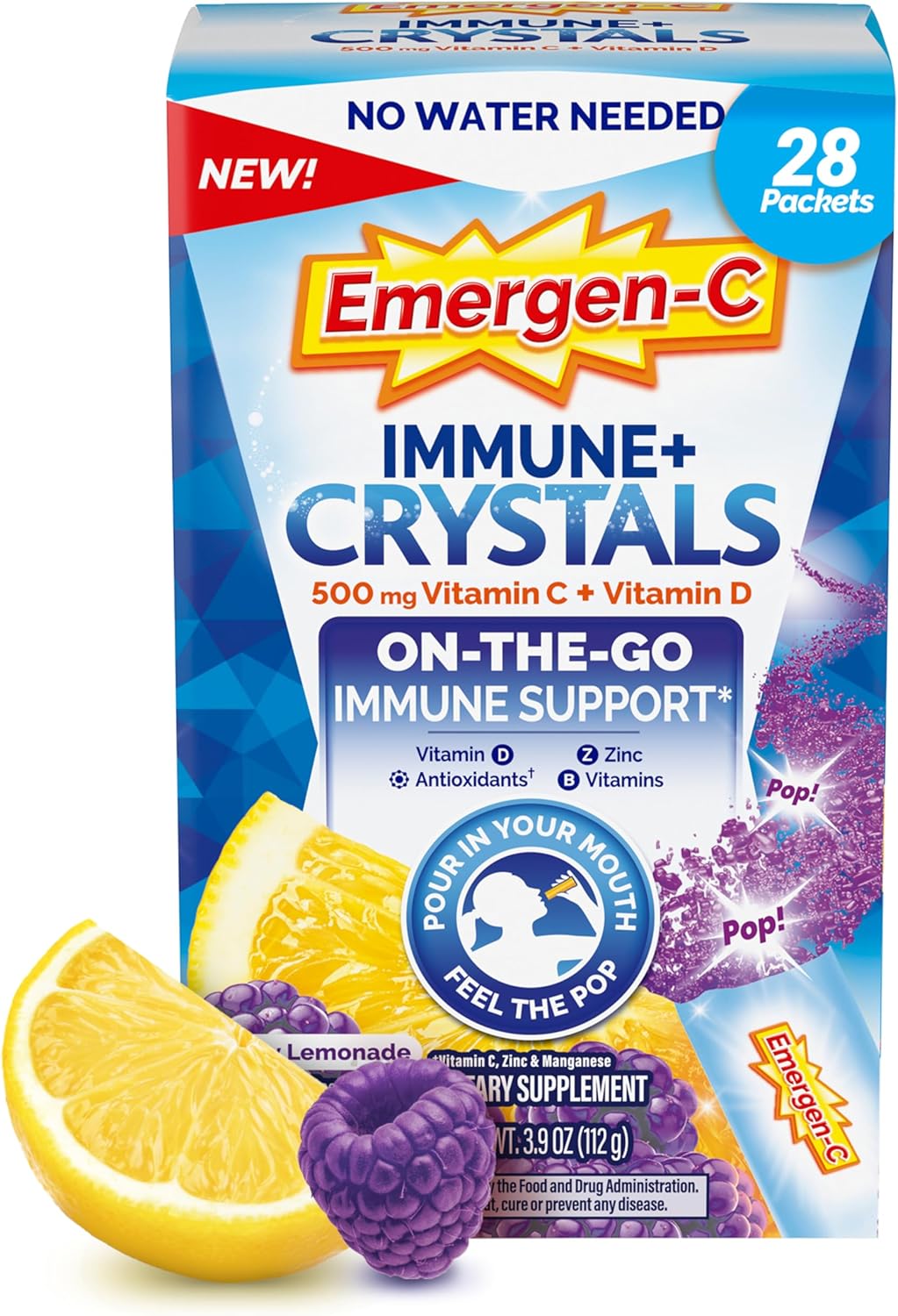 Emergen-C Immune Plus Crystals, On-The-Go Immune Support Supplement with Vitamin C, Vitamin D, B Vitamins, Zinc and Manganese, Berry Lemonade - 28 Stick Packs