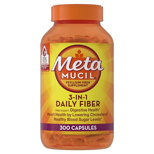 Metamucil, Daily Psyllium Husk Powder Supplement, 3-in-1 Fiber Supplement for Digestive Health, Plant Based Fiber Supplement, 300ct Capsules