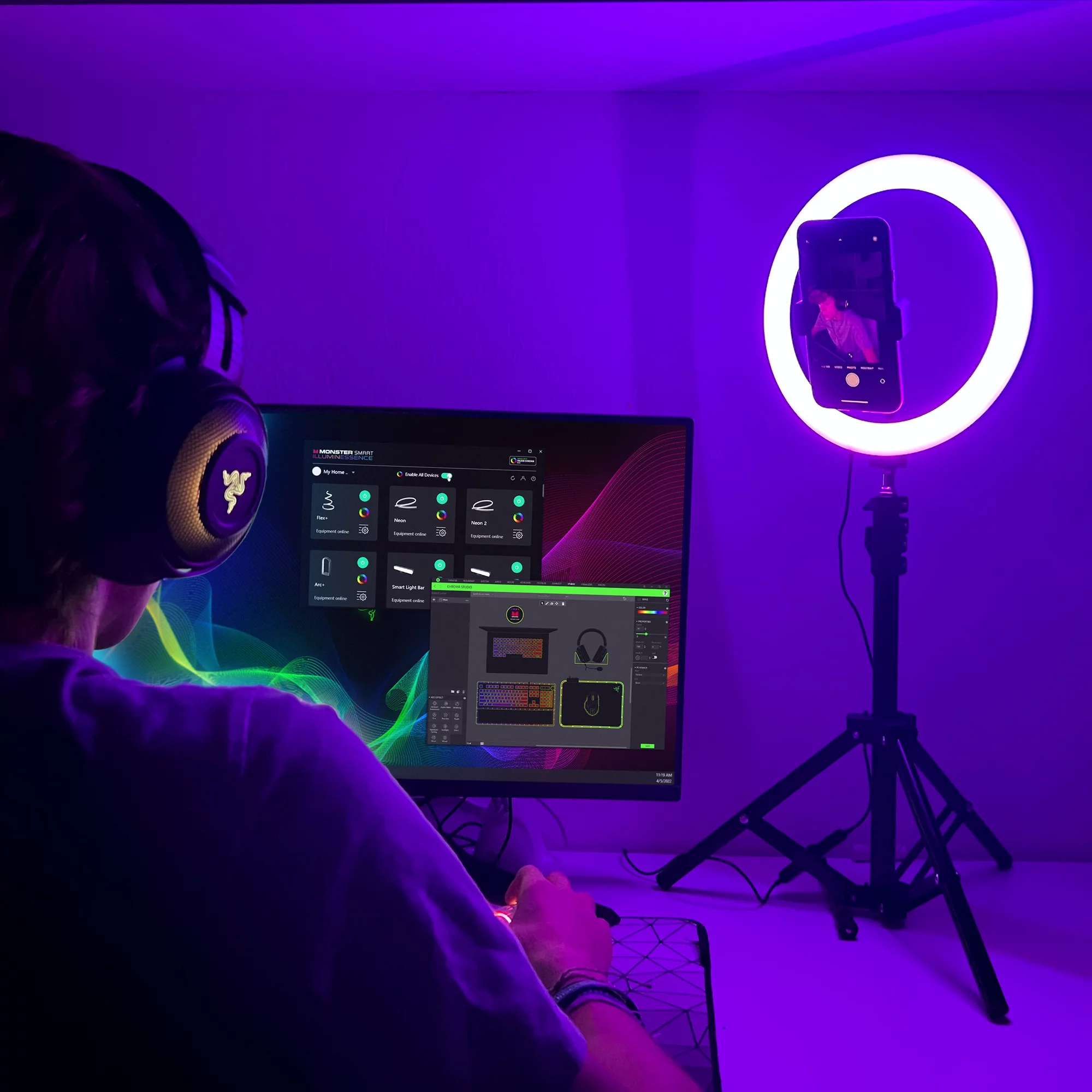 Monster LED Smart Studio Plus Ring Lamp and Vlogging Light Kit, Includes Tripod Stand/Mount