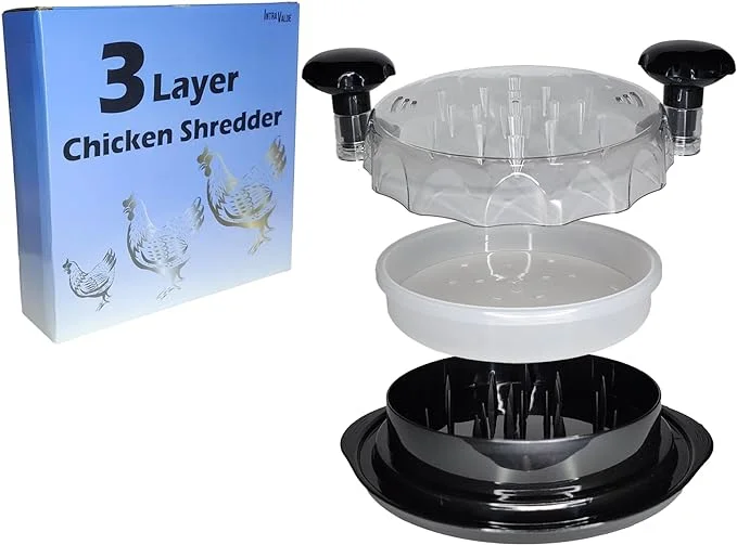 3 layer Chicken Shredder, Professional chicken breast shredder tool, Meat and vegitable food shredder, transparent top, twist to shred chicken, removable tray, salad mixer