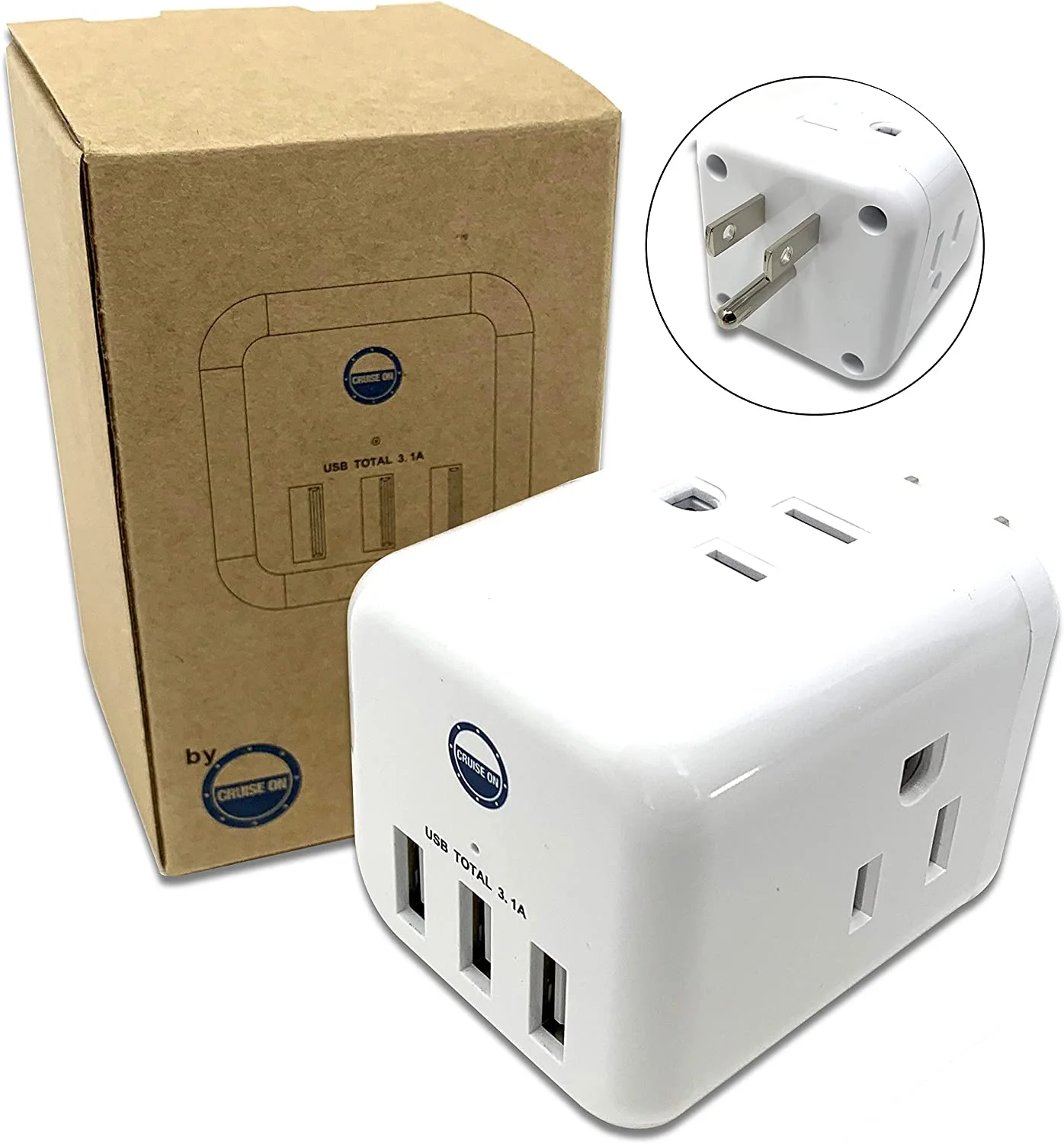 Cruise Ship Power Strip - No Surge Cube Outlet Multi Plug [3 Electrical Outlet + 3 USB Port] Cruise Approved Power