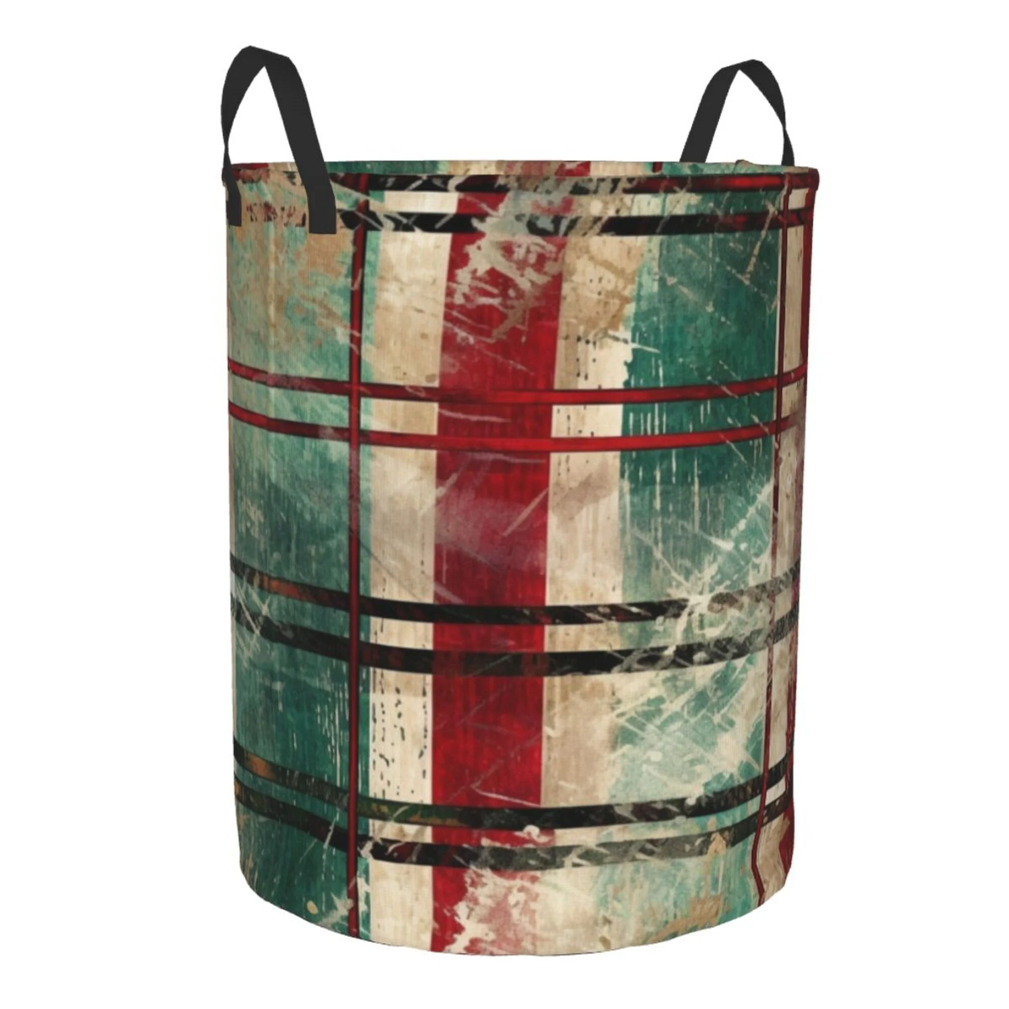 TEQUAN Waterproof Laundry Hampers, Red and Green Grunge Plaid Pattern Clothes Storage Basket with Handle (S)