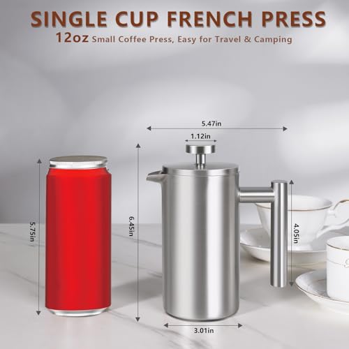12 OZ French Press Coffee Maker, Sturdy Insulated Full Stainless Steel Coffee Press, Mini Small Camping French Presses Maker, 1-2 Cup Teapot for Kitchen Travel Elegant Silver 350ml