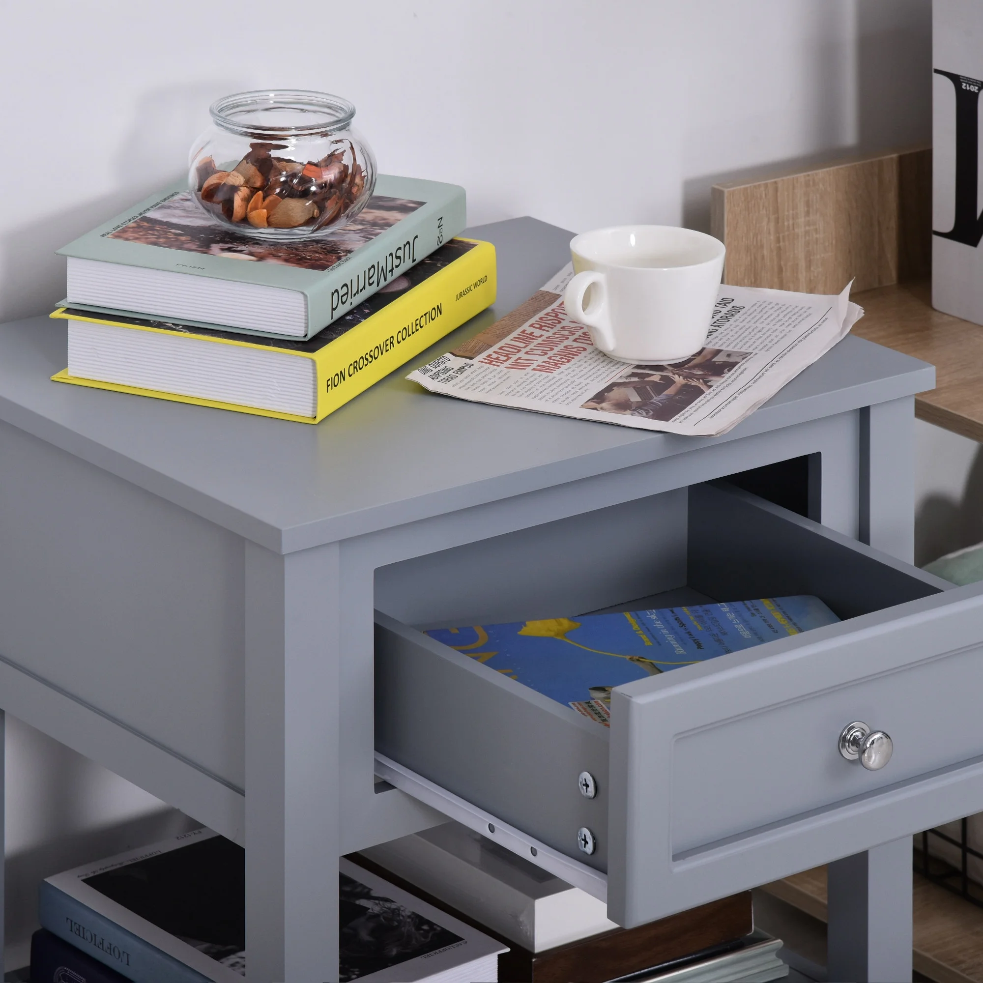 HomCom Accent End Table Nightstand with Gray Tabletop, Storage Drawer, and Bottom Shelf
