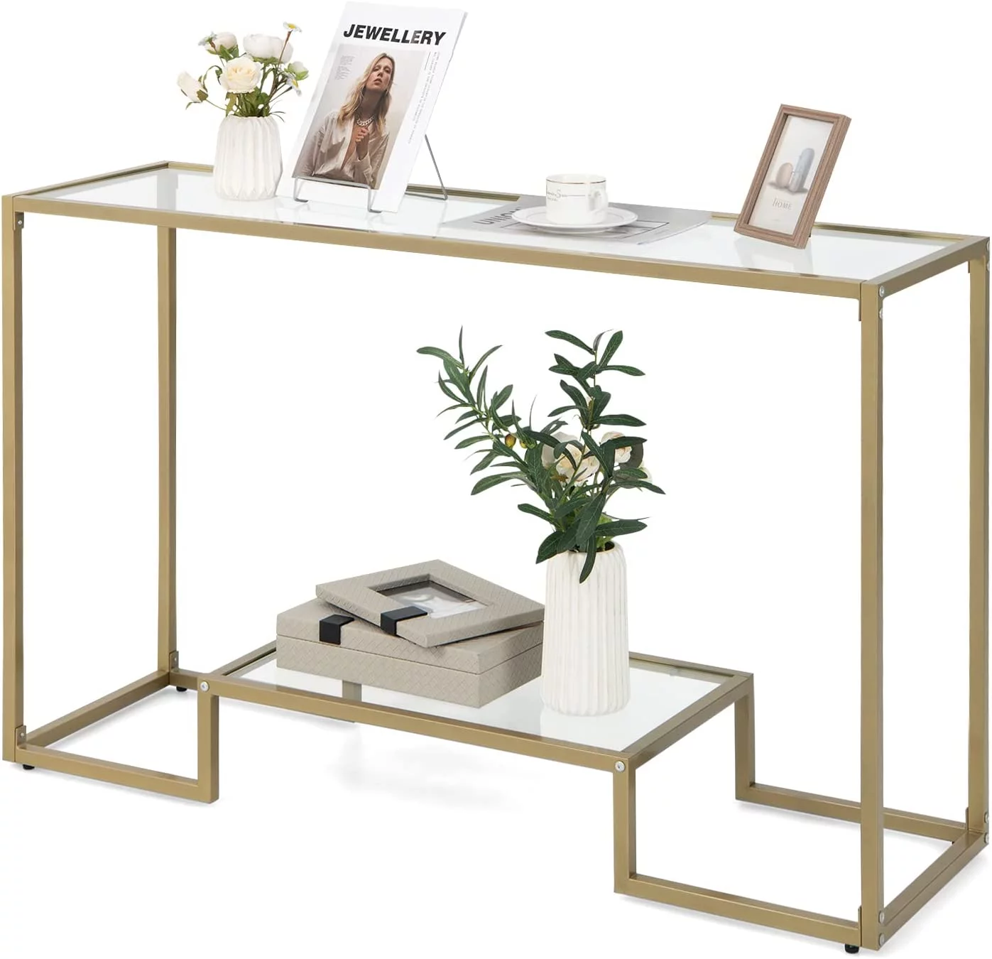 TJUNBOLIFE 48\u201D 2-Tier Console Table  Modern  Entryway Table with Tempered Glass Tabletop & Golden Metal Frame  Multifunctional Narrow Sofa Table with    for Hallway  Entrance