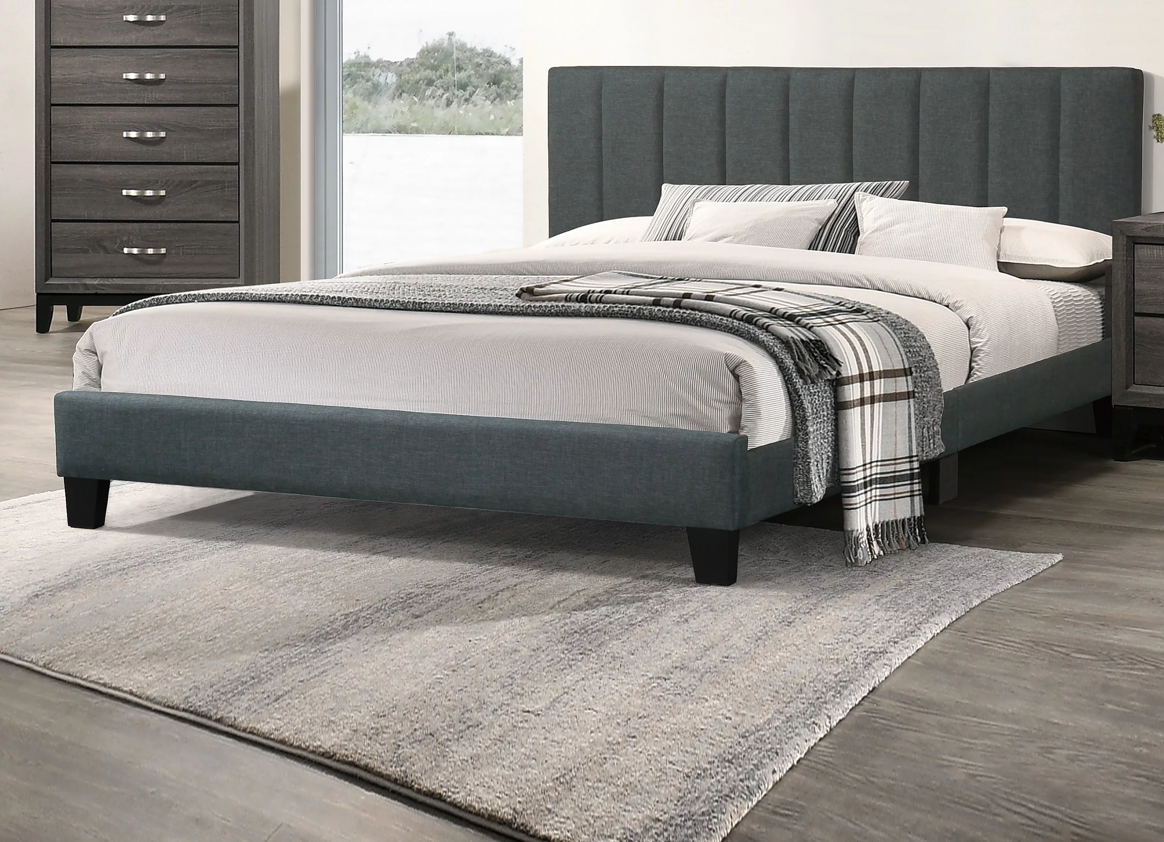 Simple Unique EASTERN KING SIZE BED Solid wood Bedframe Slats Charcoal Polyfiber Headboard w vertical Tufting Bedroom 1pc Bed