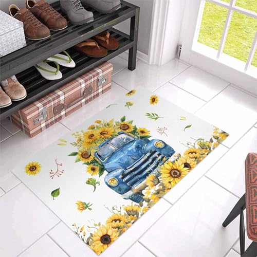 Yellow Sunflowers on Farm Truck Indoor Door Mats, Welcome Front Doormat, Non-Slip Low Profile Entryway Rugs for Kitchen Bedroom Living Room Floor, Summer Floral on White, 18x30IN