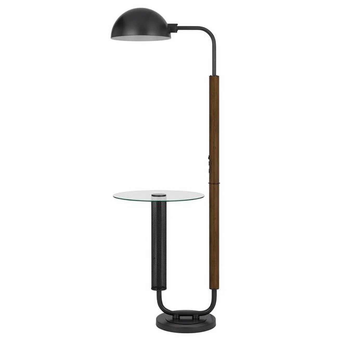Cal Lighting  100W Keyser Metal & Rubber Wood Floor Lamp with Glass Tray Table & Metal Shade, Oak & Black