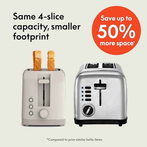 bella 2 Slice Slim Toaster, Fits-anywhere™ Kitchenware, 6 Setting Shade Control with Reheat & Cancel Buttons, Removable Crumb Tray, 10” Long Slot, Anti Jam & Auto Shutoff, 900 Watt, Oatmilk