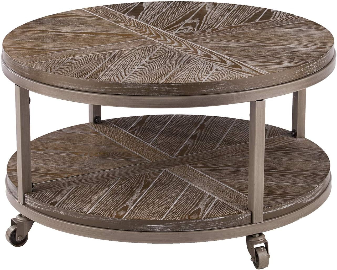 Konya Urban Industrial Round Coffee Table, White-Limed Burnt Oak/Distressed Gray