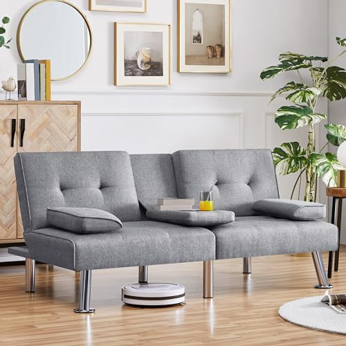 Yaheetech Convertible Sofa Bed Adjustable Fabric Couch Sleeper Modern Recliner Reversible Loveseat Folding Daybed Guest Bed, Removable Armrests, Cup Holders, 3 Angles, 772lb Capacity, Dark Gray