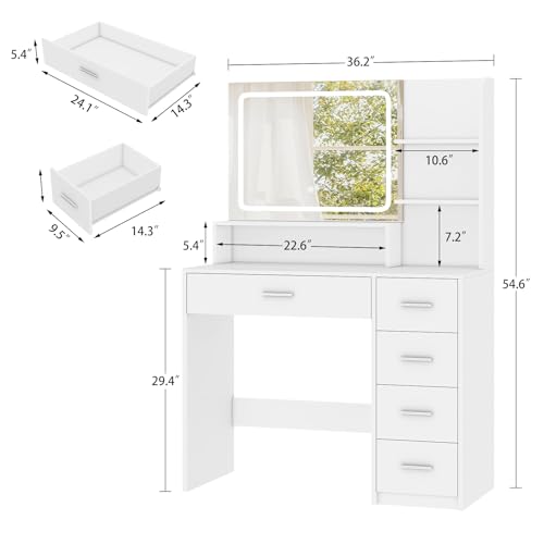 Quimoo Makeup Vanity Desk with Mirror & Lights, Vanity Desk with 5 Drawers & Storage Shelves, Vanity Table, 3 Color Modes & Adjustable Brightness Dressing Table, Bedroom, White
