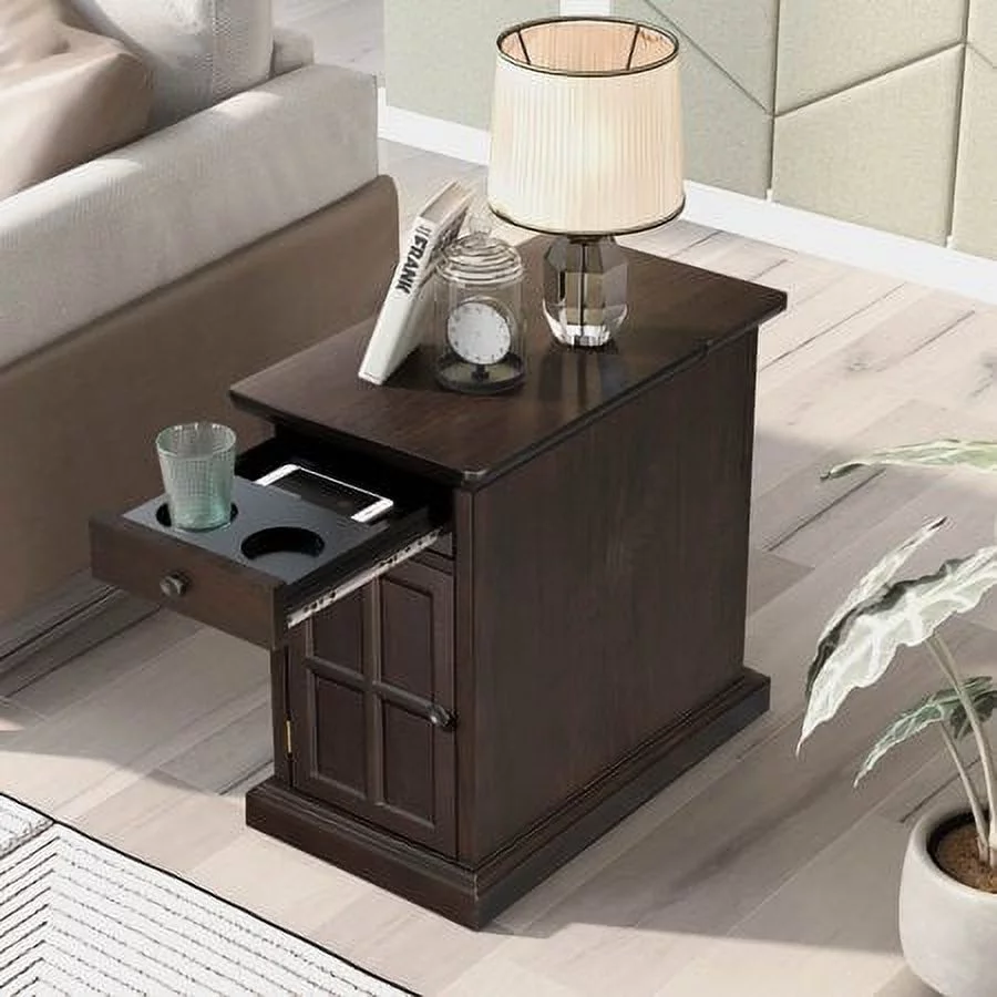Churanty Vintage End Table with USB Ports Drawer and Cup Holders, Sofa Side Table Bedside Nightstand Narrow Table for Living Room Bedroom,Antique Espresso