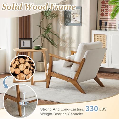 VINGLI Solid Wood Wide Armrests Accent Chair,Upholstered Mid Century Modern Chair with Pillow,Comfy Reading Chair Farmhouse Arm Chair,Chairs Living Room,Bedroom,Guest Room,Linen Fabric,Beige