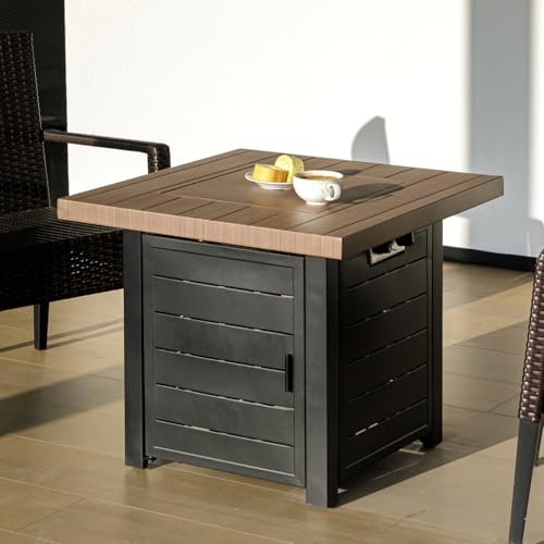 28 Inch Propane Fire Pit Table, Outdoor Gas Fire Pits with Lid & Lava Rock, 50000 BTU Firepit for Dinning, Party in Outside, Patio, Garden or Yard(Black&Brown)