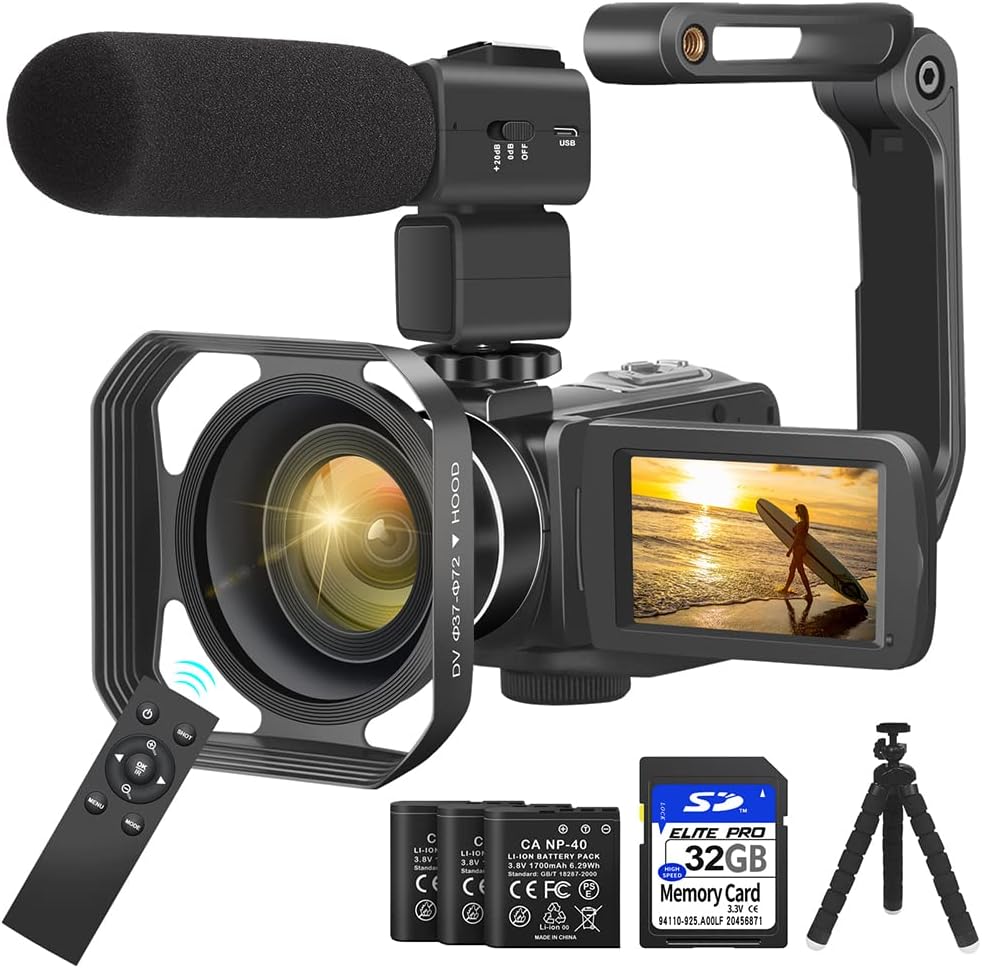 Camcorder Video Camera 4K 56MP UHD Video Camera for YouTube with External Mic Video Camera Camcorder with 32G SD Card 2.4G Remote IR Night Vision, 18X Digital Zoom Camcorder WiFi