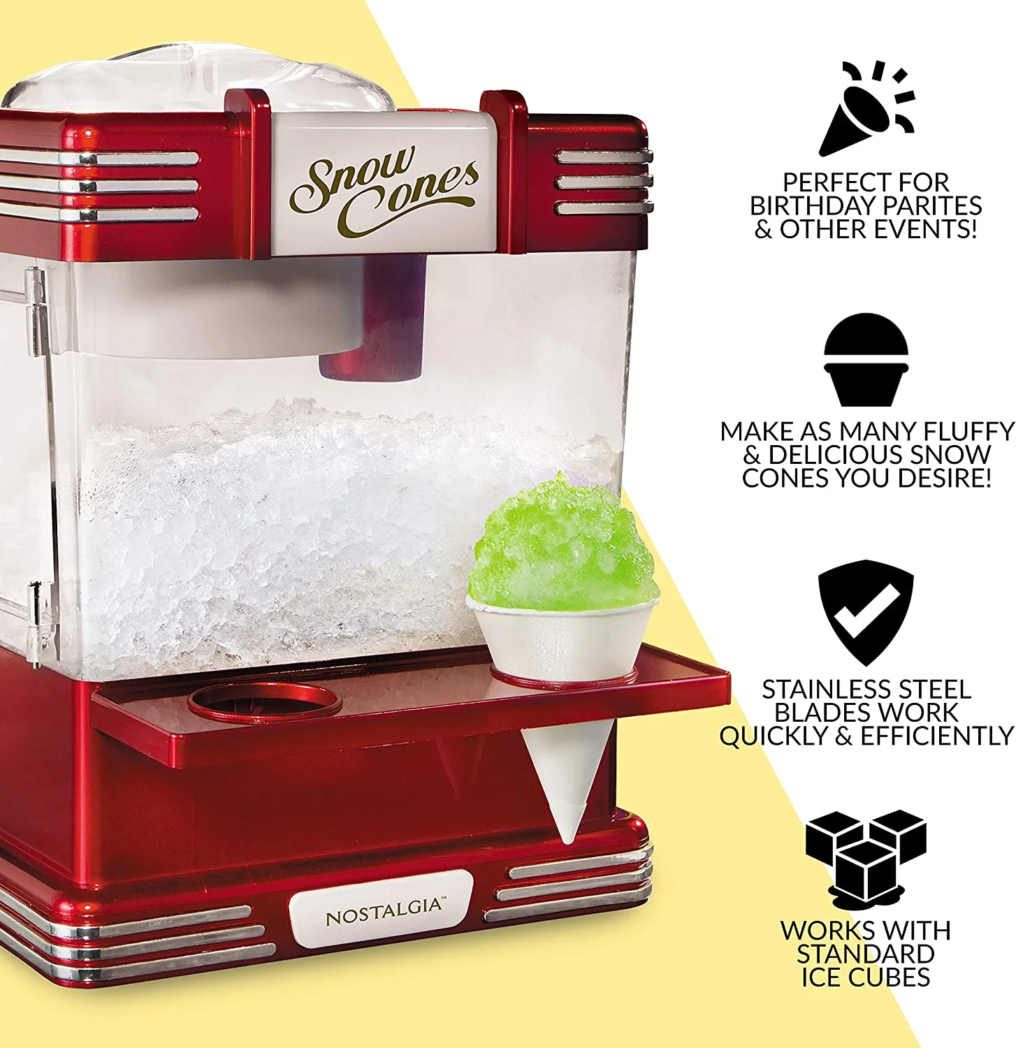 Retro Table-Top Snow Cone Maker, Makes 20 Icy Treats, Shaved Ice Machine Includes 2 Reusable Plastic Cups & Ice Scoop, Retro Red