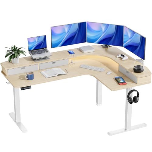 HUANUO 65″ L-Shaped Standing Desk with Power Outlets & LED Strip, Electric Height Adjustable Corner Computer Desk, Sit Stand Up Desk with 3 Drawers, Black