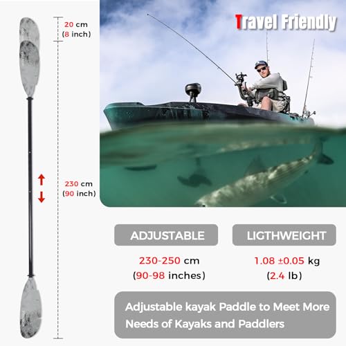 Angler Kayak Paddles Carbon Fiber Shaft and Plastic Blade, Floating Adjustable Fihsing Kayak Oars with Paddle Leash, 230-250cm/90-98 inch