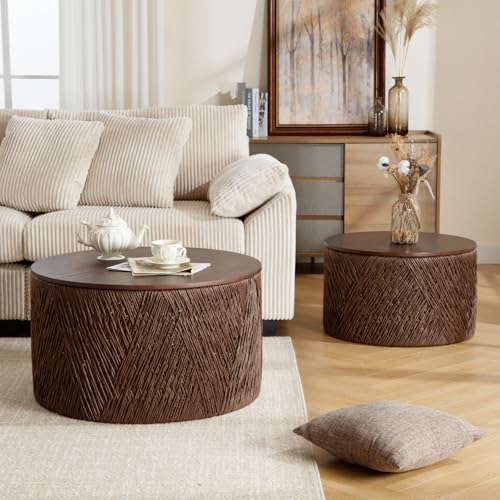 Large Round Coffee Table with Storage, Boho Hand-Woven Rattan Coffee Table Set of 2, Drum Circle End Table for Living Room, Bedroom, Small Space, No Assembly Required, Brown