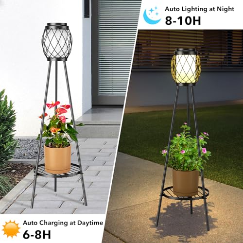 2 Pack Solar Lights Outdoor with Plant Stands - Solar Floor Lamp & Street Lights with Metal Tripod - Patio Decor for Garden, Yard, Pathway, Driveway, Porch