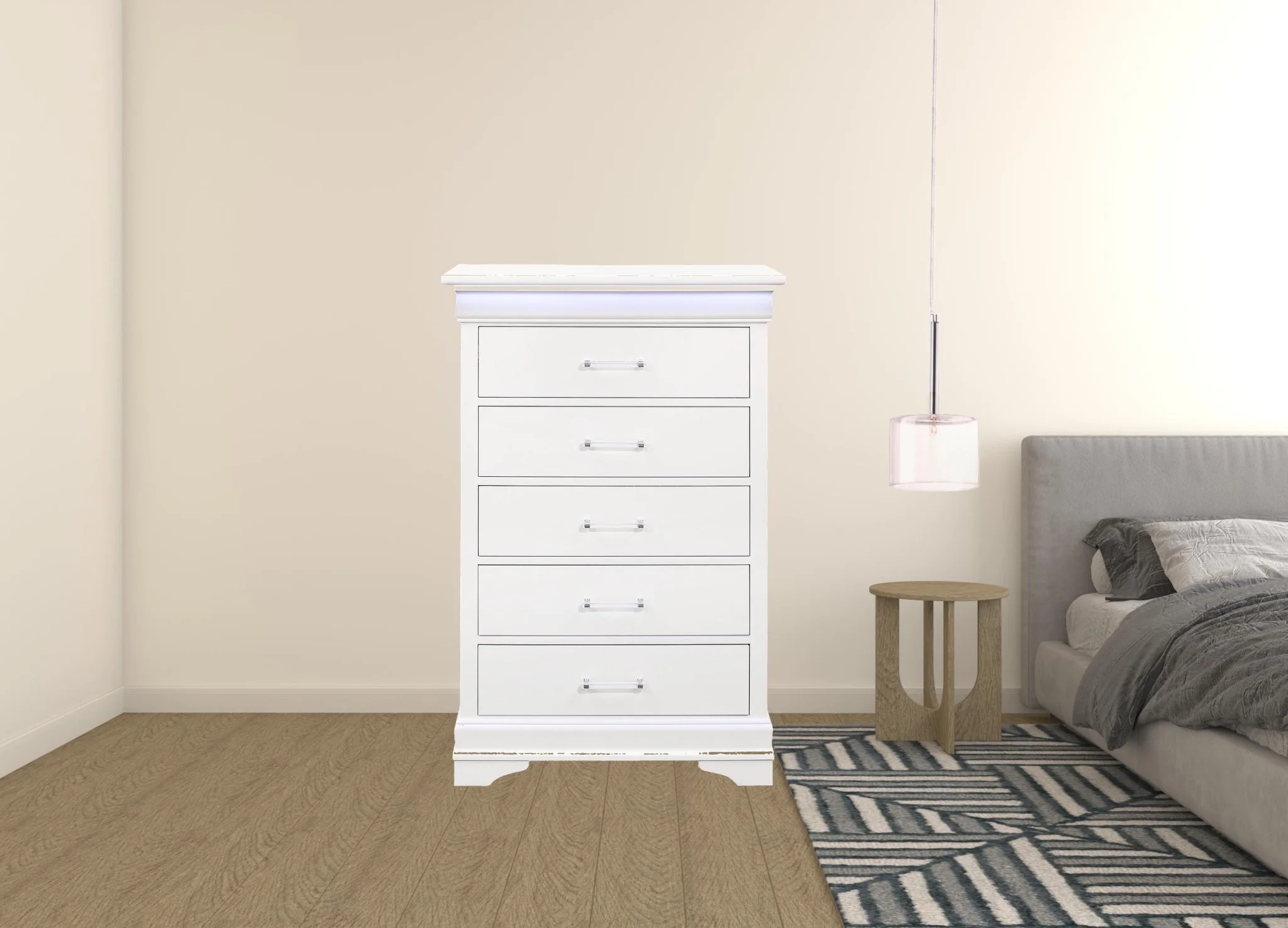 HomeRoots 482388 48.94 x 16.22 x 16.22 in. White Solid Wood Five Drawers Chest with LED Lighting