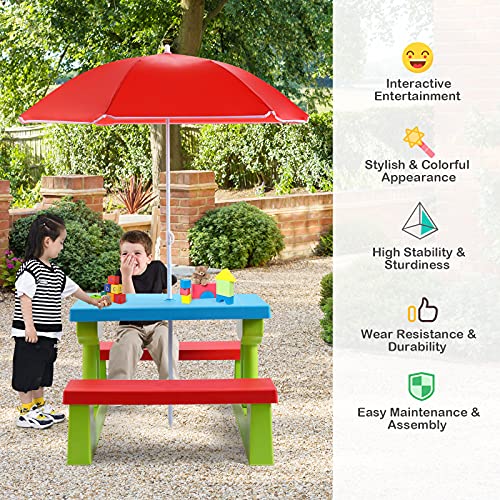 Costzon Kids Picnic Table, Indoor & Outdoor Table and Bench with Removable Umbrella, Portable Toddler Picnic Table and Chair Set for Garden, Backyard, Patio