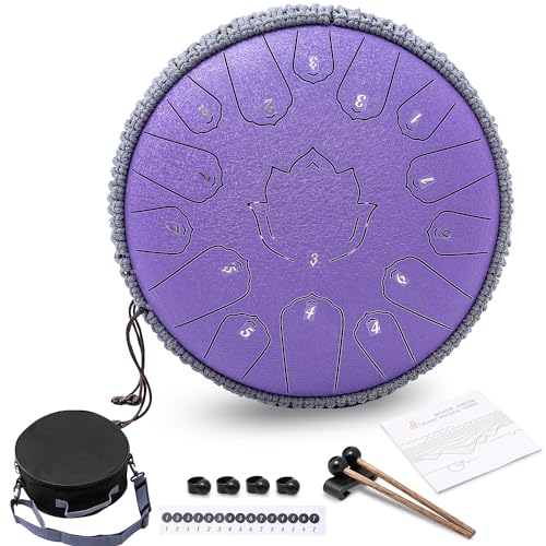 Steel Tongue Drum 13 Inch 15 Notes,Hand Drums with C-Key Travel Bag Drumsticks Holder Finger Paddles and Music Book,Handpan Percussion for Musical Education Meditation Yoga Gifts(Lavender)