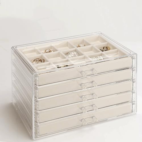 5 Drawers Clear Jewelry Box for Women and Girls, Acrylic Earring Holder Organizer Ring Holder Display Storage, Warm White
