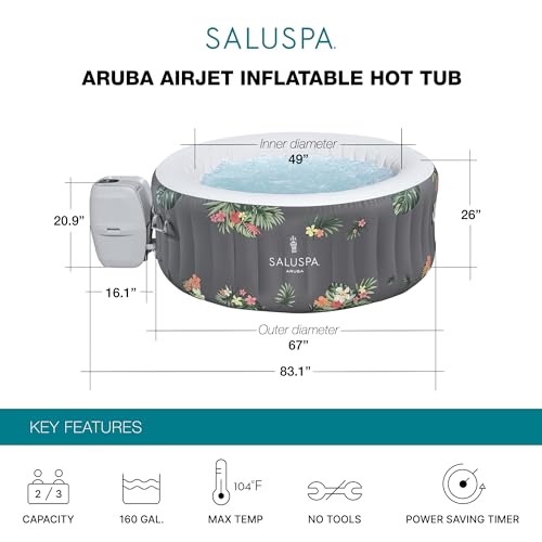 Bestway SaluSpa Aruba AirJet 2 to 3 Person Inflatable Hot Tub, 67 x 26 Inch Round Portable Outdoor Spa with 110 Soothing Jets and Cover, Gray