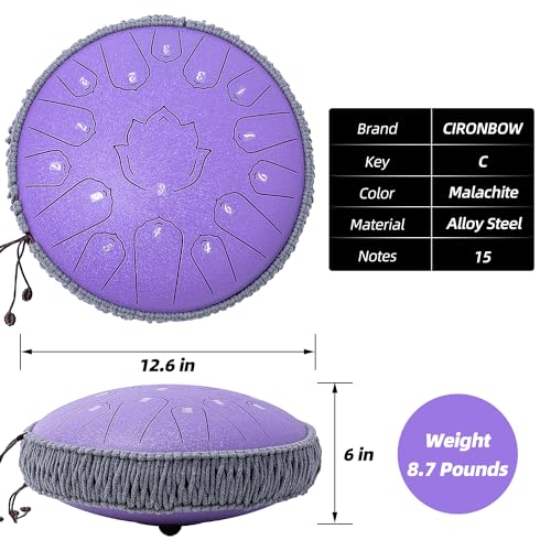 Steel Tongue Drum 13 Inch 15 Notes,Hand Drums with C-Key Travel Bag Drumsticks Holder Finger Paddles and Music Book,Handpan Percussion for Musical Education Meditation Yoga Gifts(Lavender)