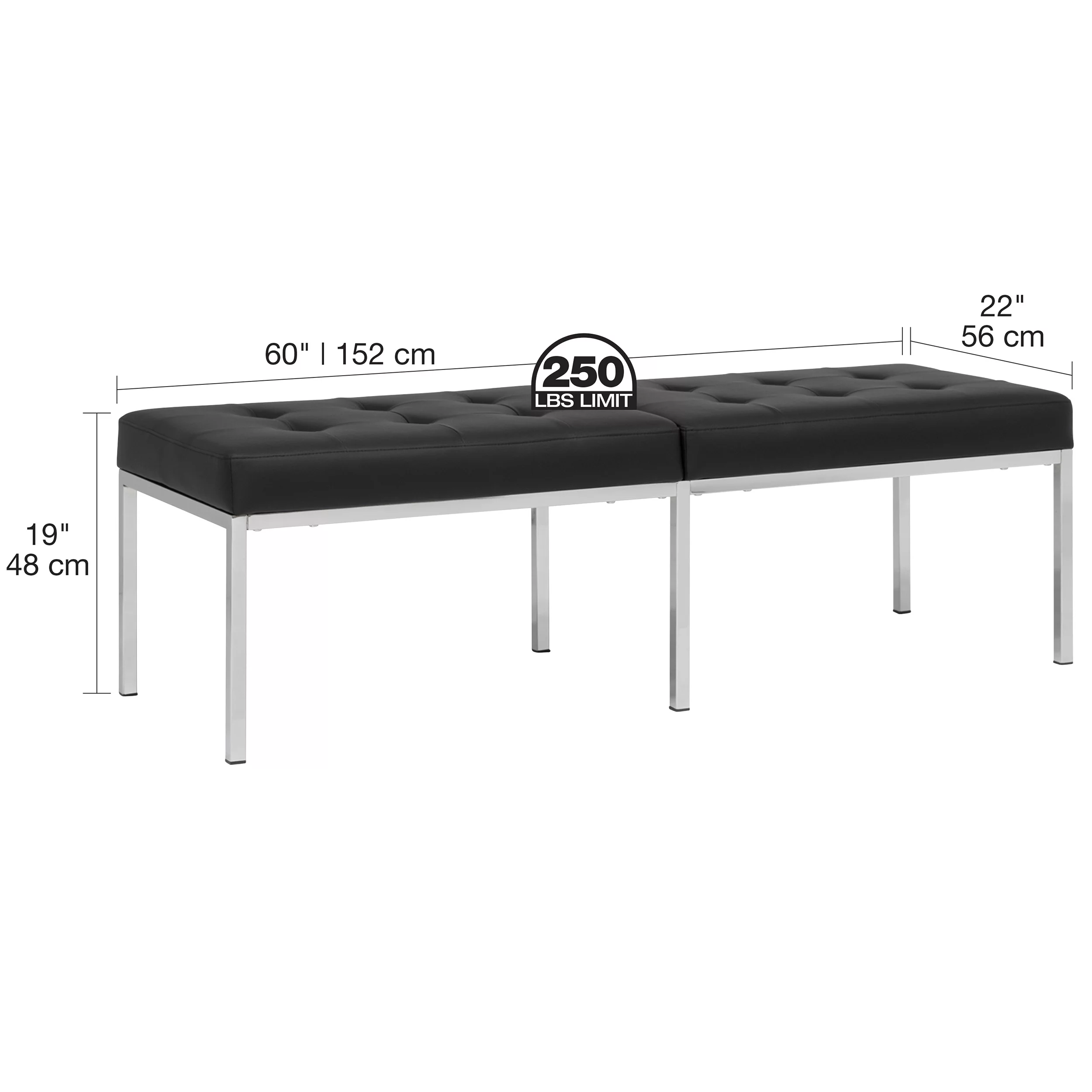 Camber Modern Metal and Leather 60 Inch Wide Bench Chrome/Black
