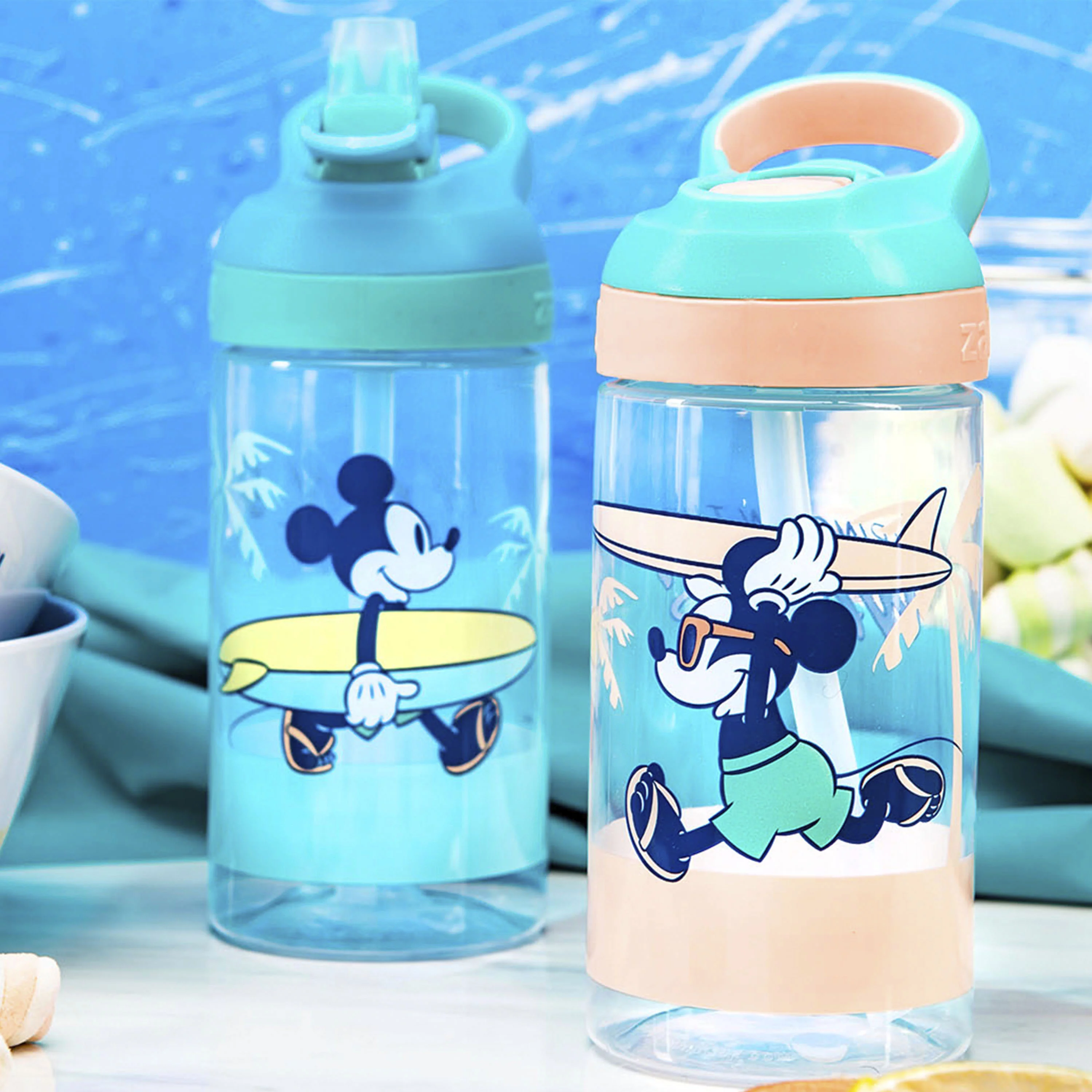 Zak Designs 2pc 16 oz Disney Kids Water Bottle Plastic with Flip Straw Spout Cover and Carry Handle, Disney Mickey Mouse Street Beach